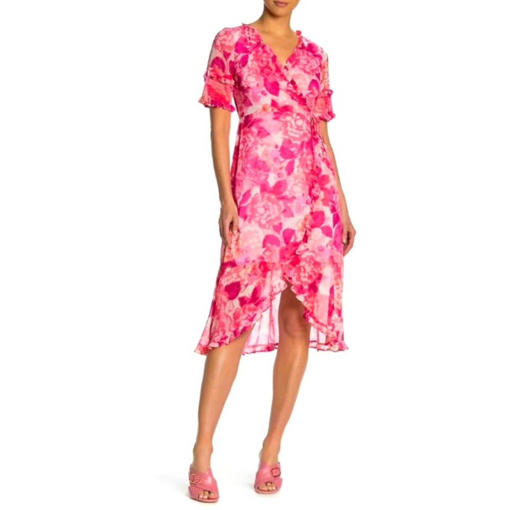 kensie Ruffled Floral-Print Wrap Dress